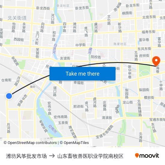 潍坊风筝批发市场 to 山东畜牧兽医职业学院南校区 map