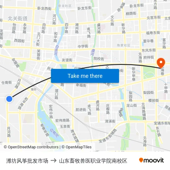 潍坊风筝批发市场 to 山东畜牧兽医职业学院南校区 map