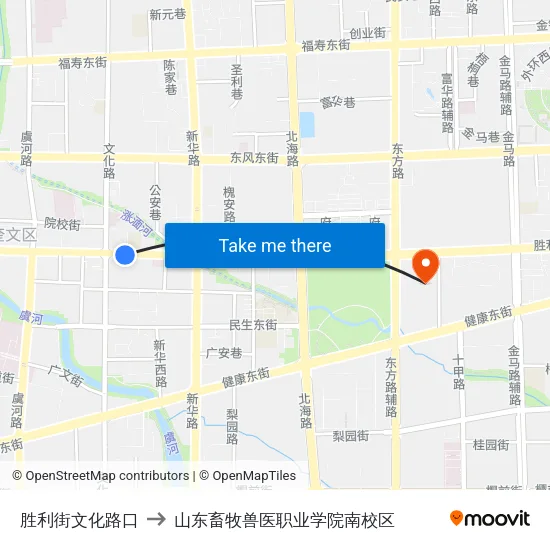 胜利街文化路口 to 山东畜牧兽医职业学院南校区 map