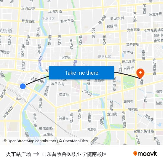 火车站广场 to 山东畜牧兽医职业学院南校区 map