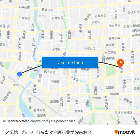 火车站广场 to 山东畜牧兽医职业学院南校区 map