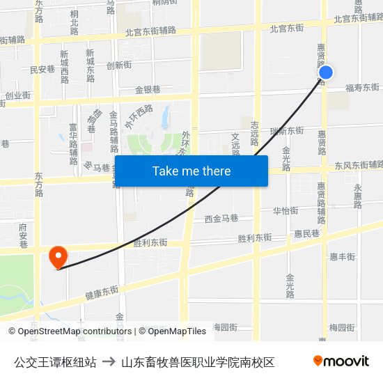 公交王谭枢纽站 to 山东畜牧兽医职业学院南校区 map