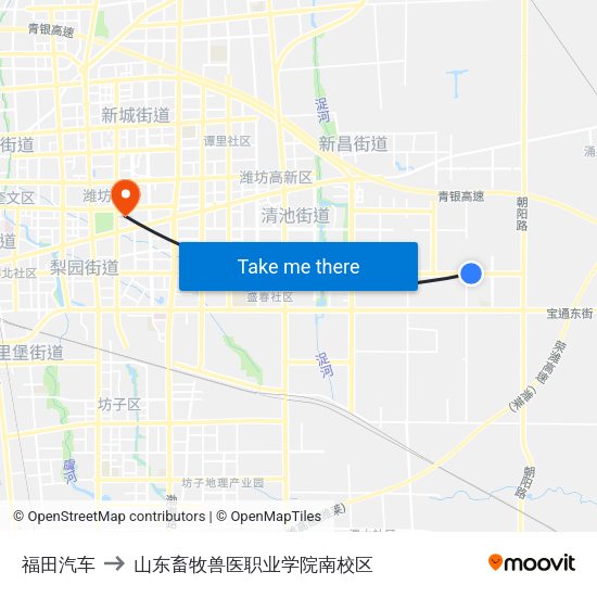 福田汽车 to 山东畜牧兽医职业学院南校区 map