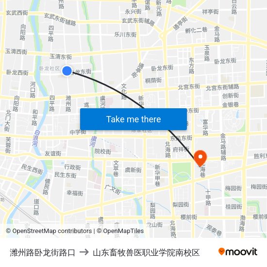 潍州路卧龙街路口 to 山东畜牧兽医职业学院南校区 map