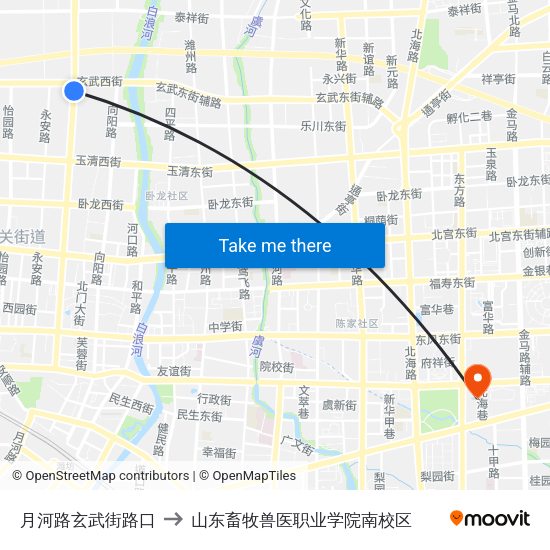 月河路玄武街路口 to 山东畜牧兽医职业学院南校区 map