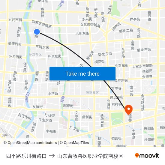 四平路乐川街路口 to 山东畜牧兽医职业学院南校区 map