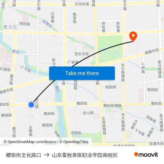 樱前街文化路口 to 山东畜牧兽医职业学院南校区 map