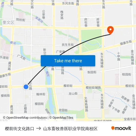 樱前街文化路口 to 山东畜牧兽医职业学院南校区 map