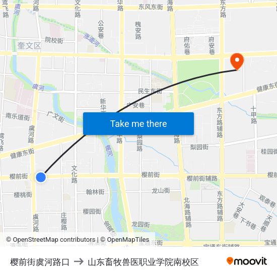 樱前街虞河路口 to 山东畜牧兽医职业学院南校区 map