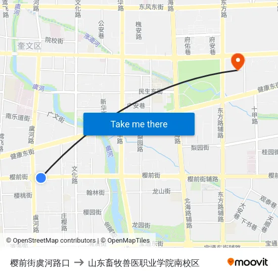 樱前街虞河路口 to 山东畜牧兽医职业学院南校区 map
