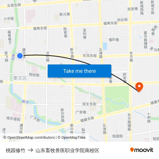 桃园修竹 to 山东畜牧兽医职业学院南校区 map