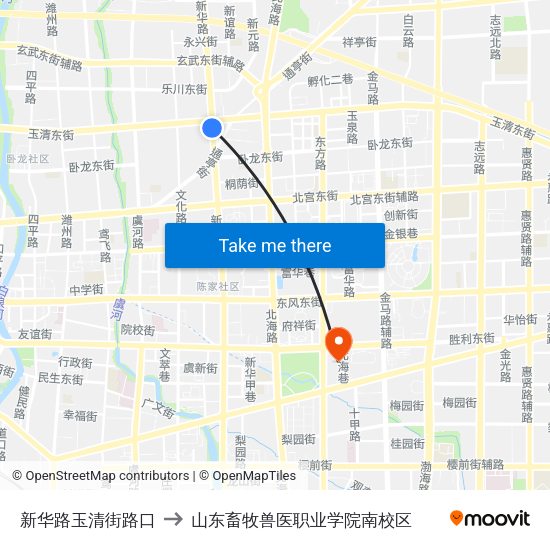 新华路玉清街路口 to 山东畜牧兽医职业学院南校区 map