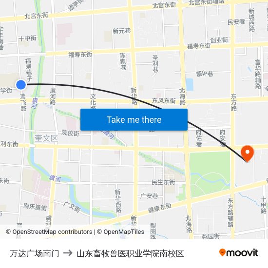 万达广场南门 to 山东畜牧兽医职业学院南校区 map