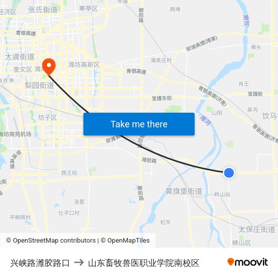 兴峡路潍胶路口 to 山东畜牧兽医职业学院南校区 map