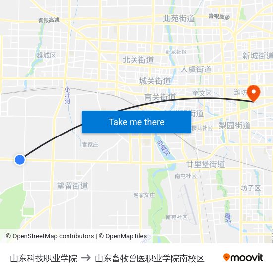 山东科技职业学院 to 山东畜牧兽医职业学院南校区 map