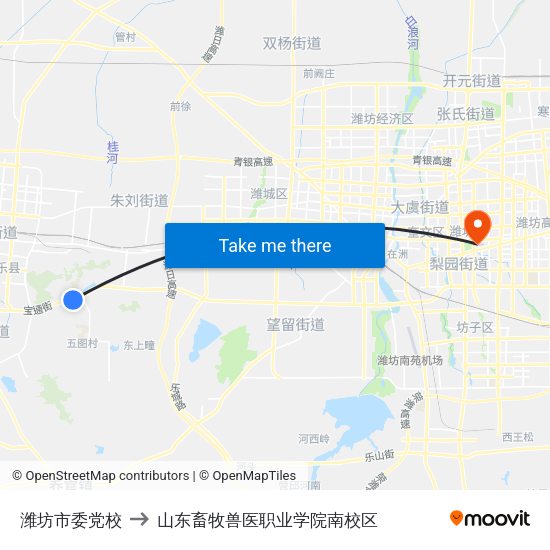 潍坊市委党校 to 山东畜牧兽医职业学院南校区 map