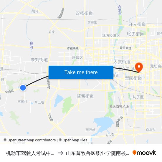 机动车驾驶人考试中心 to 山东畜牧兽医职业学院南校区 map