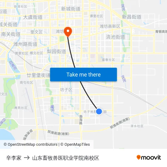 辛李家 to 山东畜牧兽医职业学院南校区 map