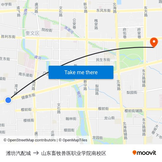 潍坊汽配城 to 山东畜牧兽医职业学院南校区 map