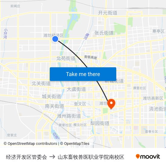 经济开发区管委会 to 山东畜牧兽医职业学院南校区 map