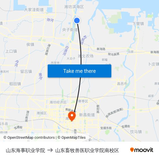 山东海事职业学院 to 山东畜牧兽医职业学院南校区 map