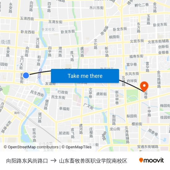 向阳路东风街路口 to 山东畜牧兽医职业学院南校区 map