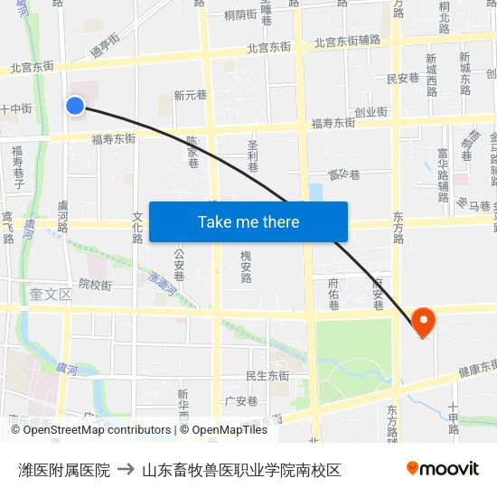潍医附属医院 to 山东畜牧兽医职业学院南校区 map