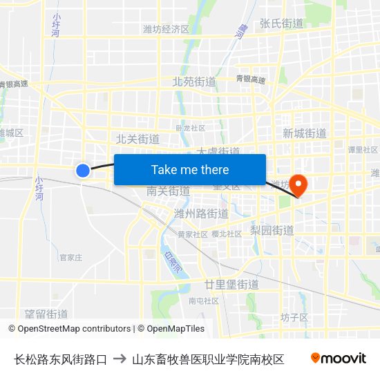 长松路东风街路口 to 山东畜牧兽医职业学院南校区 map