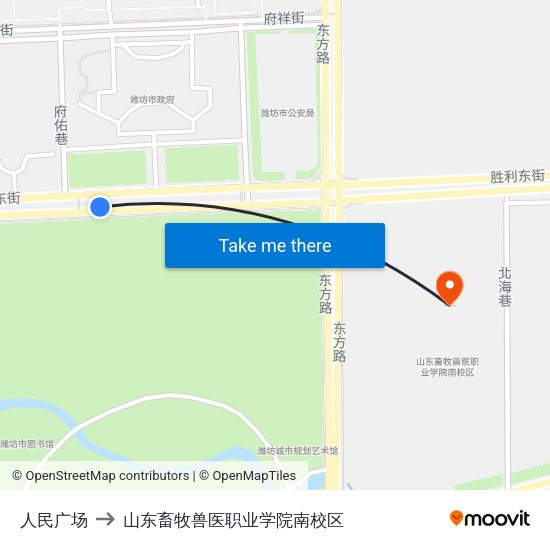 人民广场 to 山东畜牧兽医职业学院南校区 map