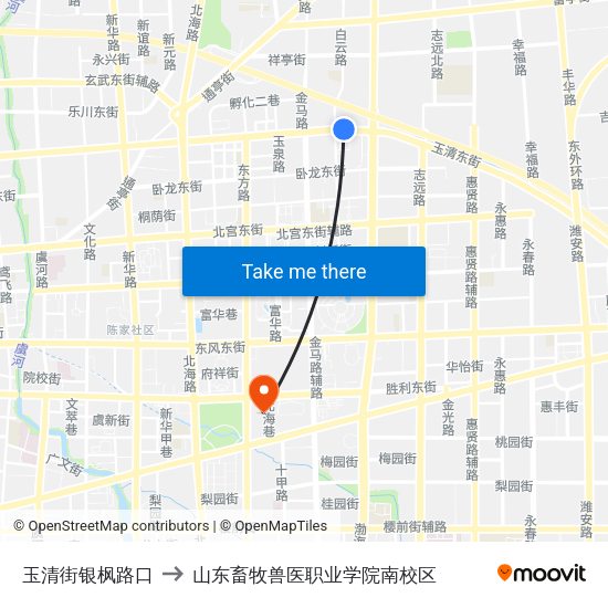 玉清街银枫路口 to 山东畜牧兽医职业学院南校区 map