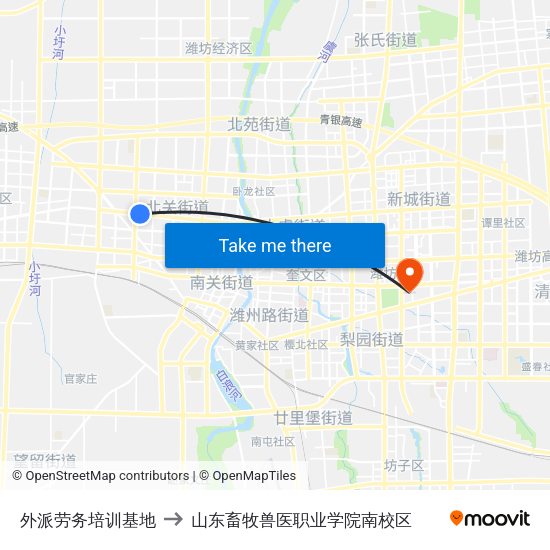 外派劳务培训基地 to 山东畜牧兽医职业学院南校区 map