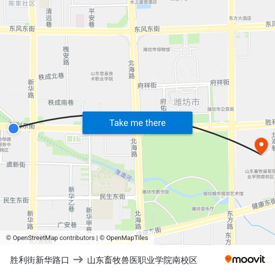 胜利街新华路口 to 山东畜牧兽医职业学院南校区 map