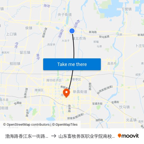 渤海路香江东一街路口 to 山东畜牧兽医职业学院南校区 map