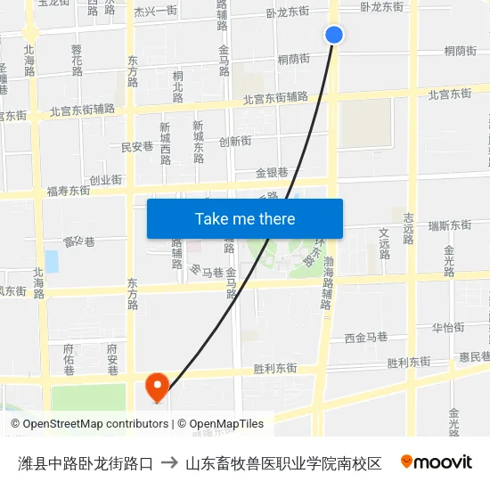 潍县中路卧龙街路口 to 山东畜牧兽医职业学院南校区 map