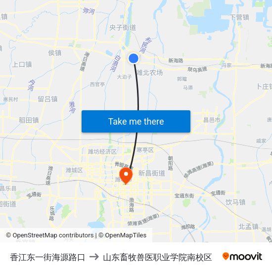香江东一街海源路口 to 山东畜牧兽医职业学院南校区 map