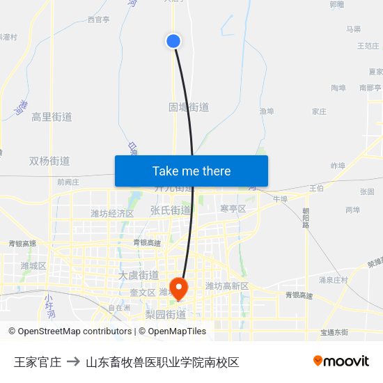 王家官庄 to 山东畜牧兽医职业学院南校区 map
