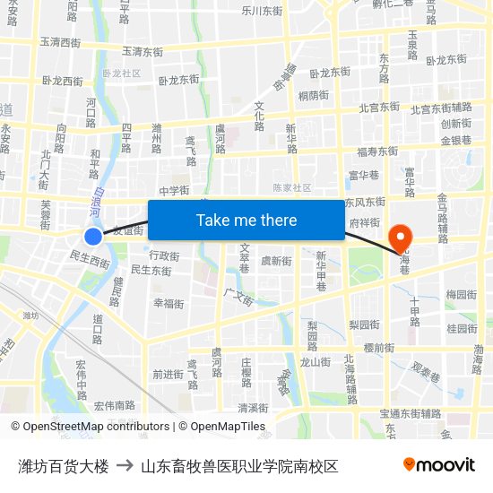 潍坊百货大楼 to 山东畜牧兽医职业学院南校区 map
