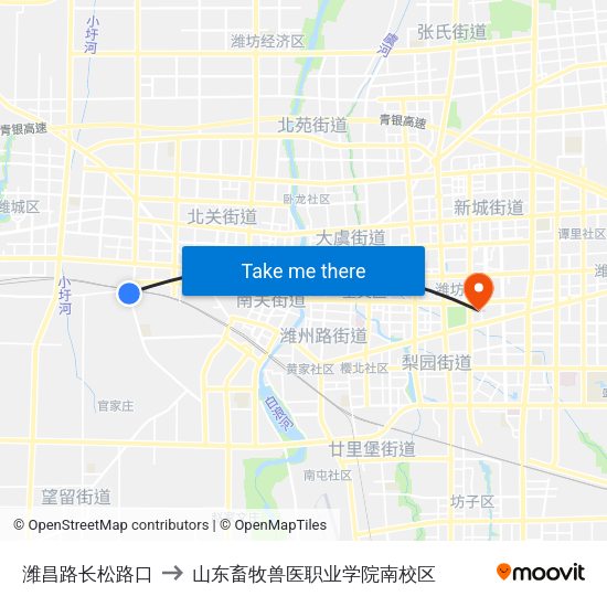 潍昌路长松路口 to 山东畜牧兽医职业学院南校区 map