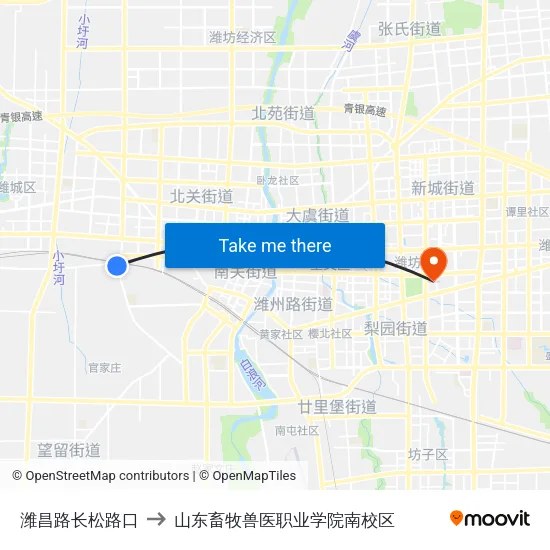 潍昌路长松路口 to 山东畜牧兽医职业学院南校区 map