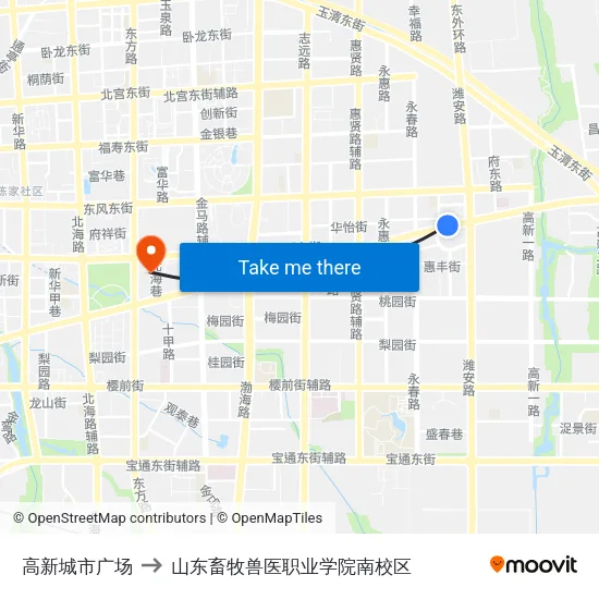 高新城市广场 to 山东畜牧兽医职业学院南校区 map
