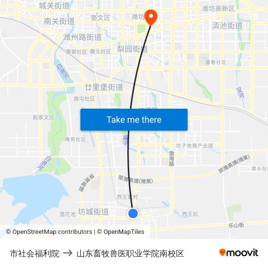 市社会福利院 to 山东畜牧兽医职业学院南校区 map