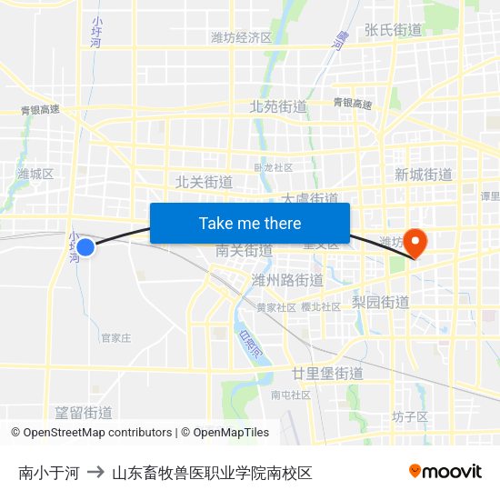 南小于河 to 山东畜牧兽医职业学院南校区 map