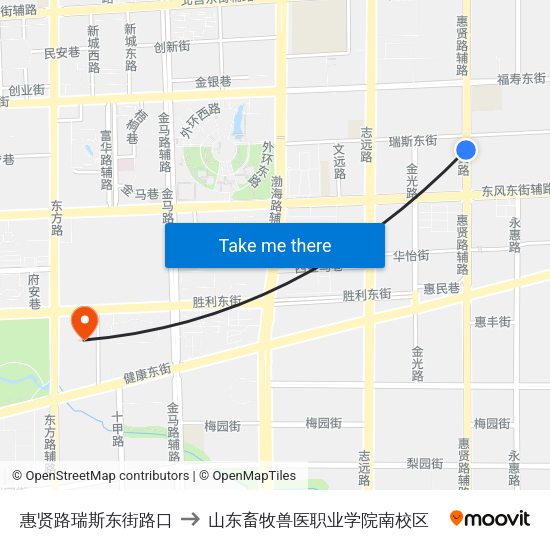 惠贤路瑞斯东街路口 to 山东畜牧兽医职业学院南校区 map