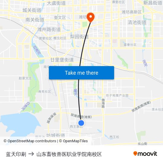 蓝天印刷 to 山东畜牧兽医职业学院南校区 map