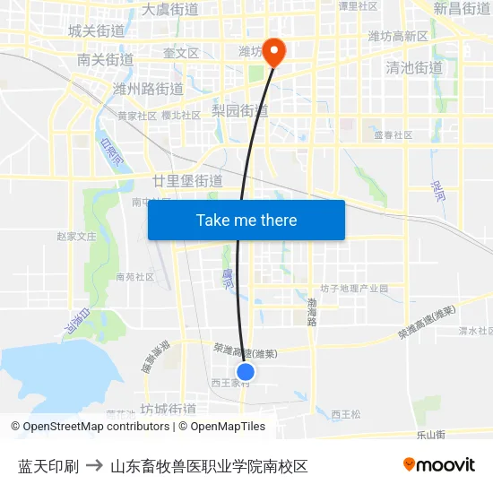 蓝天印刷 to 山东畜牧兽医职业学院南校区 map