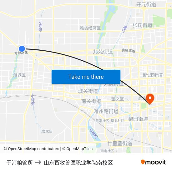 于河粮管所 to 山东畜牧兽医职业学院南校区 map