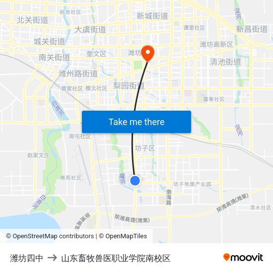 潍坊四中 to 山东畜牧兽医职业学院南校区 map