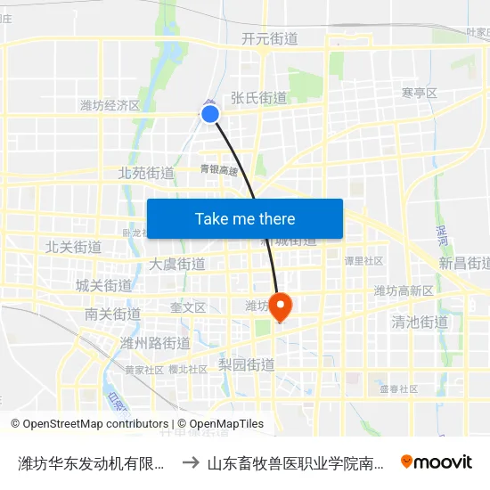 潍坊华东发动机有限公司 to 山东畜牧兽医职业学院南校区 map