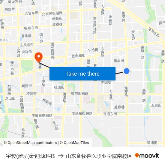 宇骏(潍坊)新能源科技 to 山东畜牧兽医职业学院南校区 map