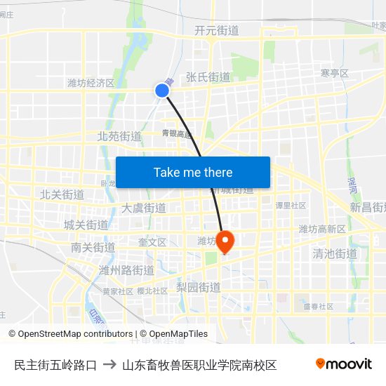民主街五岭路口 to 山东畜牧兽医职业学院南校区 map